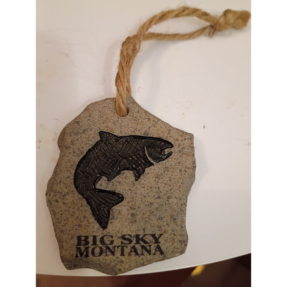 Big Sky Montana Stone Ornament Trout Fish Carved Rock Souvenir Jute Rope Hanger